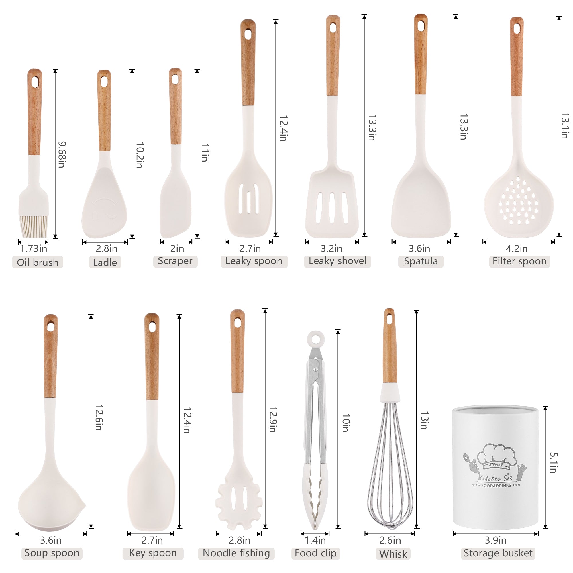 木製ハンドル付きシリコン製キッチン用品13点セット