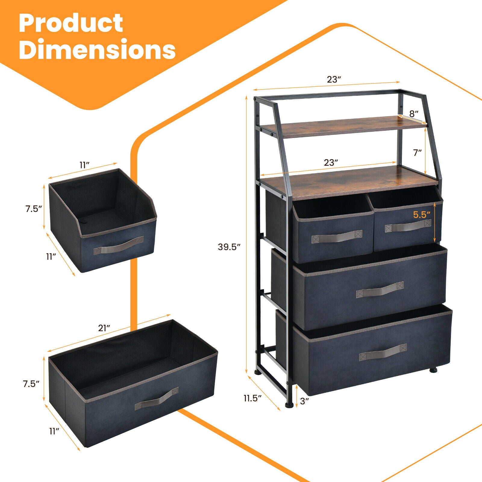 4段引き出し付き自立式収納ドレッサー(オープンシェルフ2枚付き)