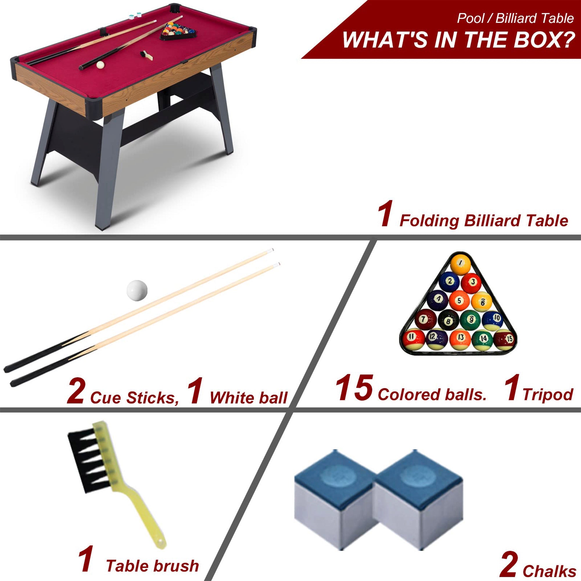 4フィートのプールテーブル、ポータブルビリヤードテーブル(キュースティック2本、ボールフルセット、トライアングル、チョーク、ブラシ付き)