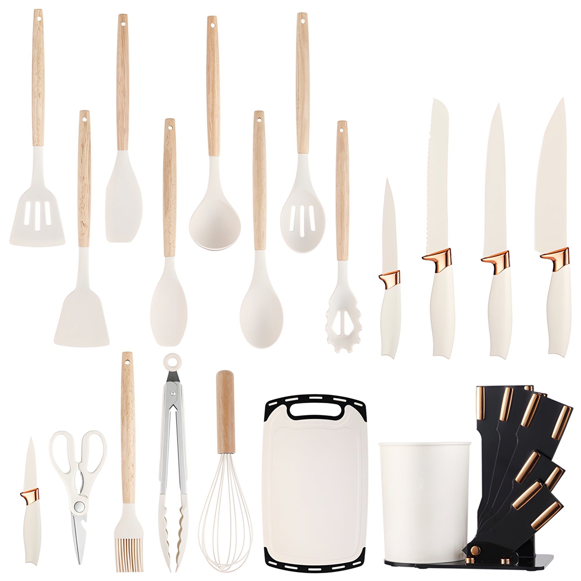 シリコン製キッチン用品19点セットとナイフセット(ブロック付き)