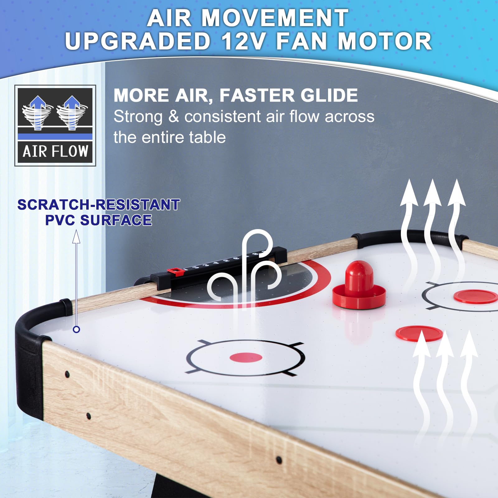 エアホッケーテーブル、パック2個、プッシャー2個付き屋内電動ホッケーゲームテーブル