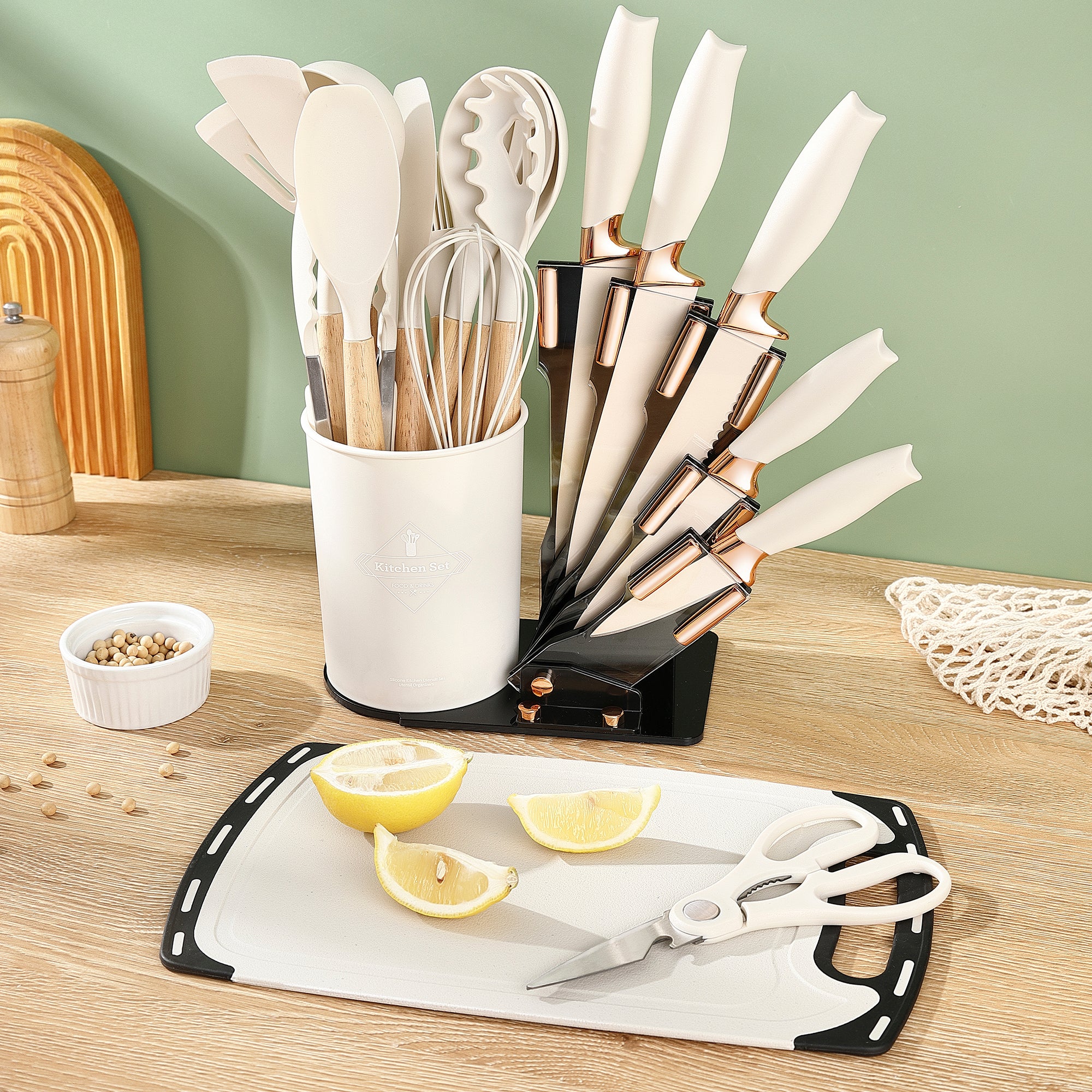 シリコン製キッチン用品19点セットとナイフセット(ブロック付き)