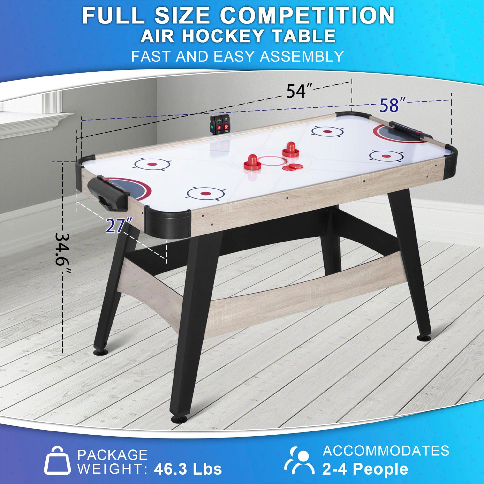 エアホッケーテーブル、パック2個、プッシャー2個付き屋内電動ホッケーゲームテーブル
