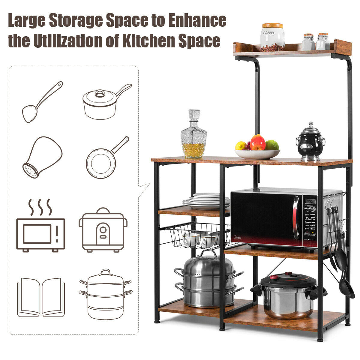 4段キッチンベーカーラック(バスケットとフック5個付き)