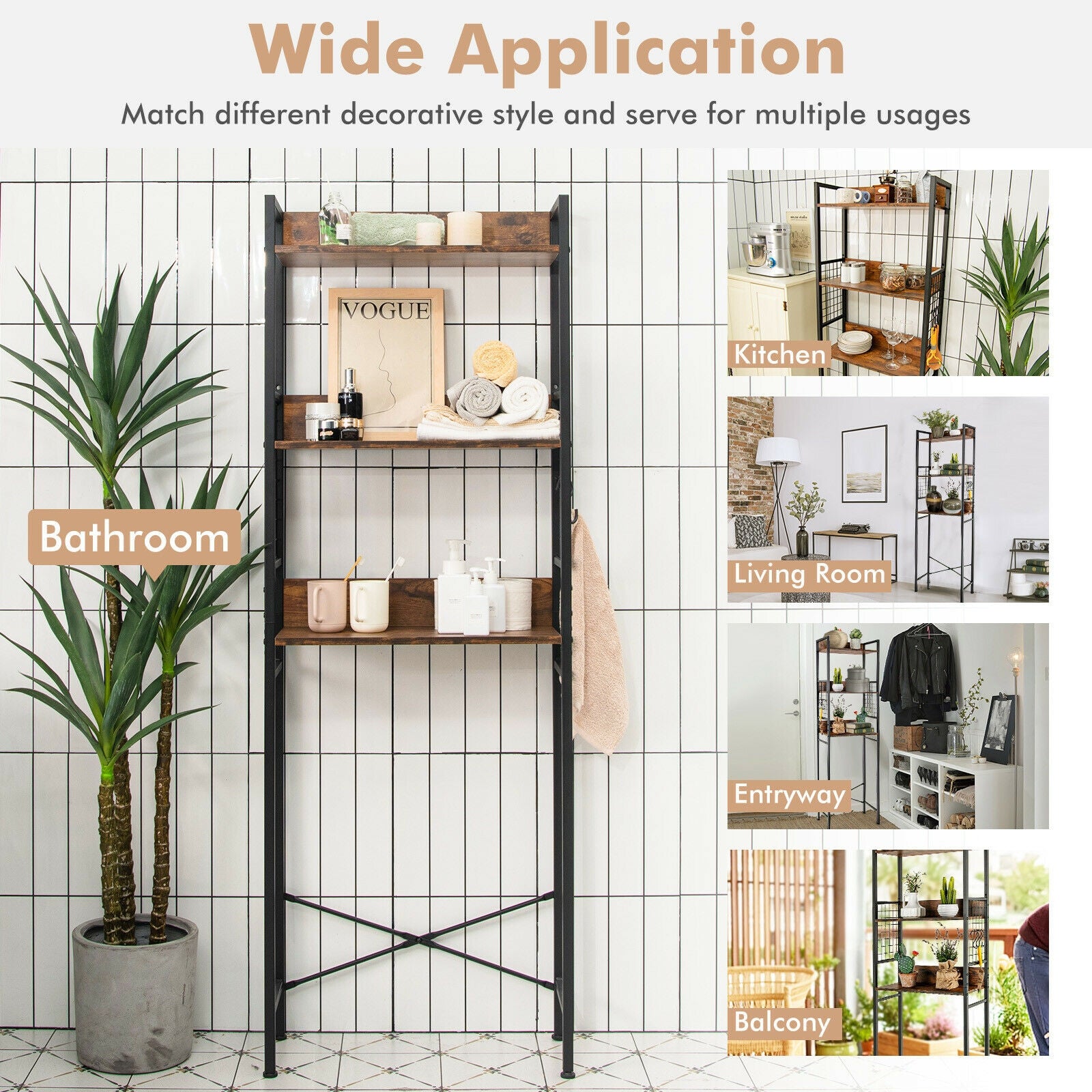 3段トイレ上収納ラック(フック3個付き)ラスティックブラウン