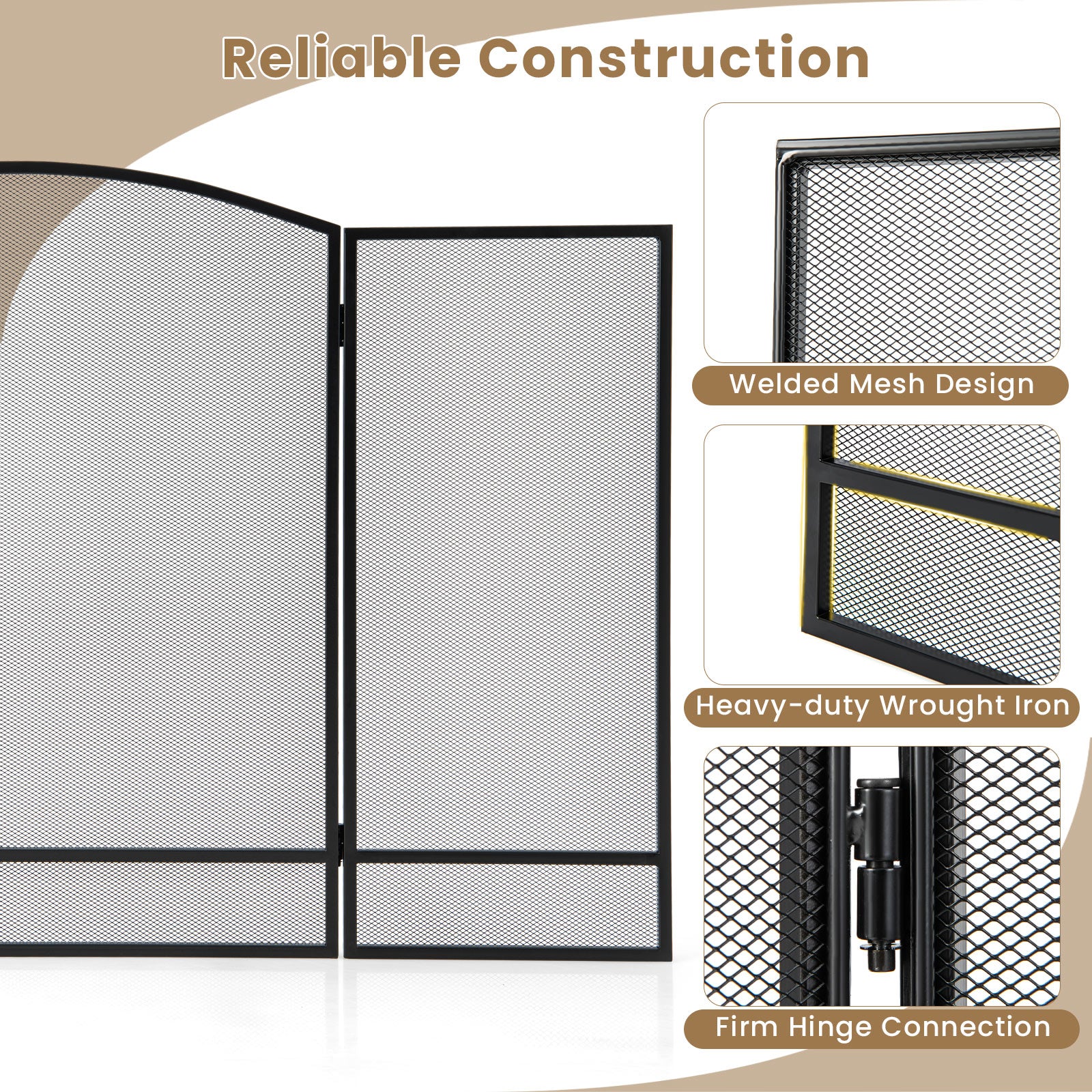 3パネル折りたたみ式暖炉スクリーン(鍛造金属メッシュ付き)