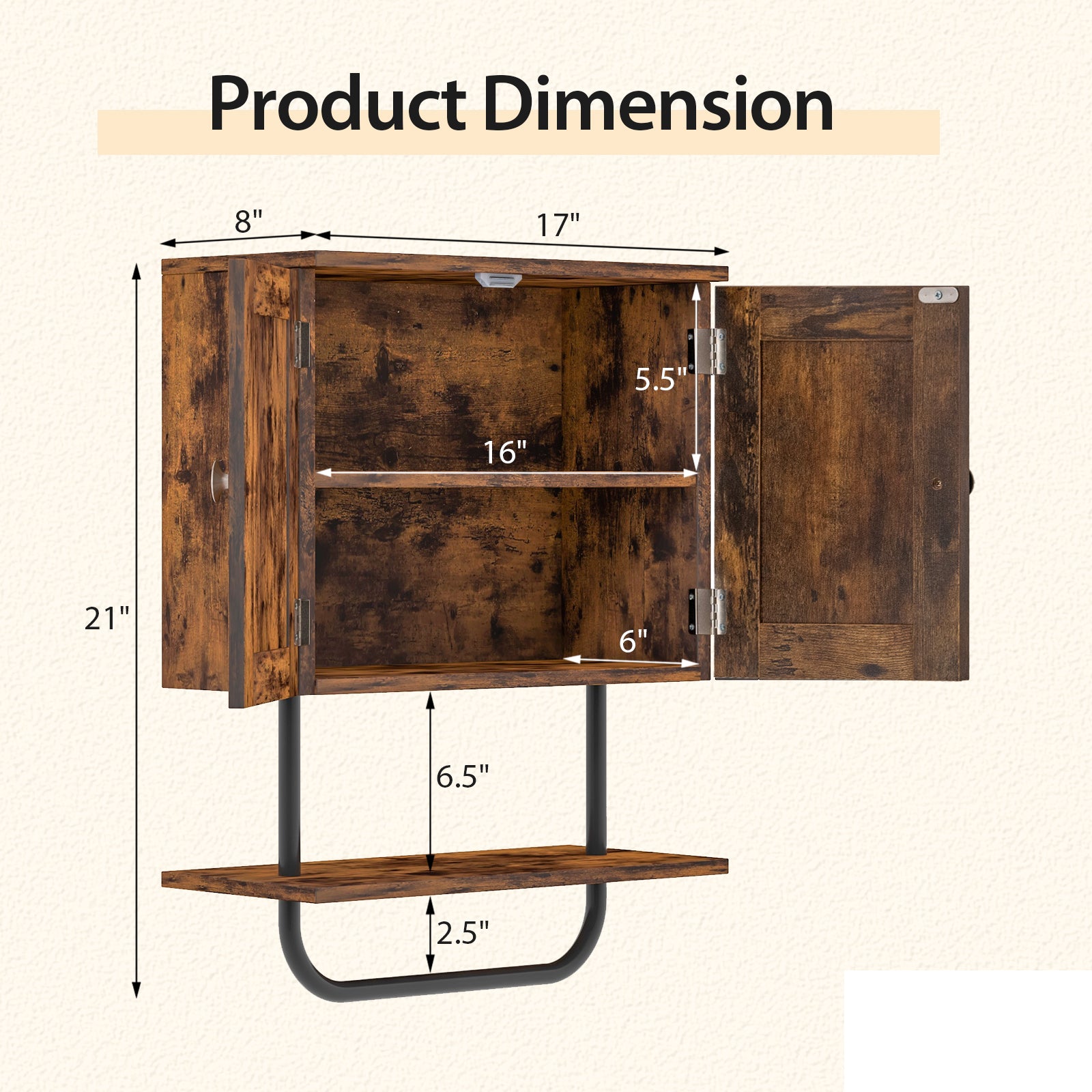 2ドアバスルーム壁掛け式薬品キャビネット(オープンシェルフとタオルラック付き)