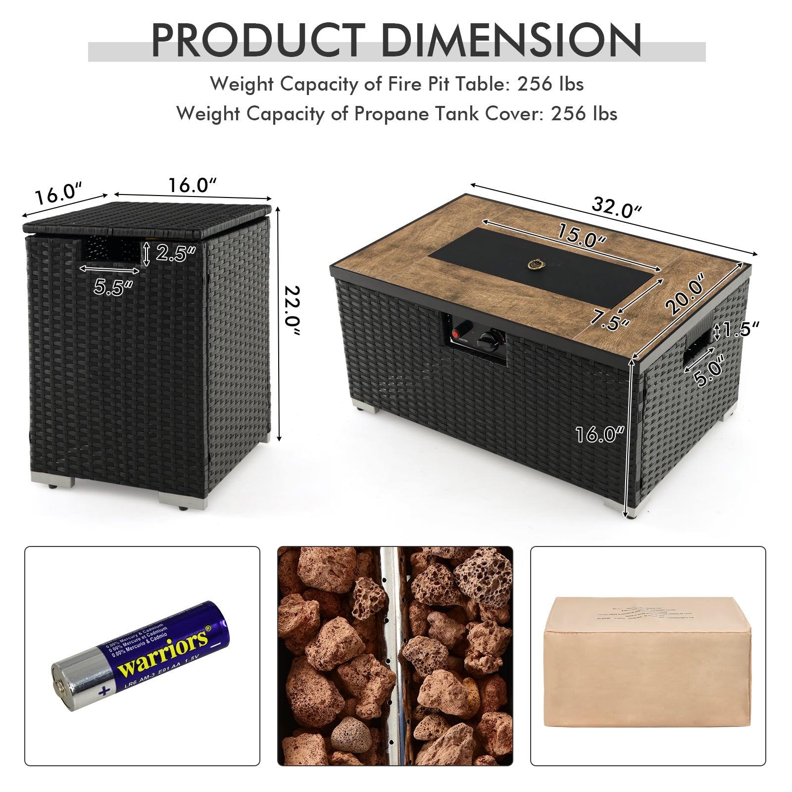 32 x 20インチ プロパンラタンファイヤーピットテーブルセット(サイドテーブルタンクとカバー付き)