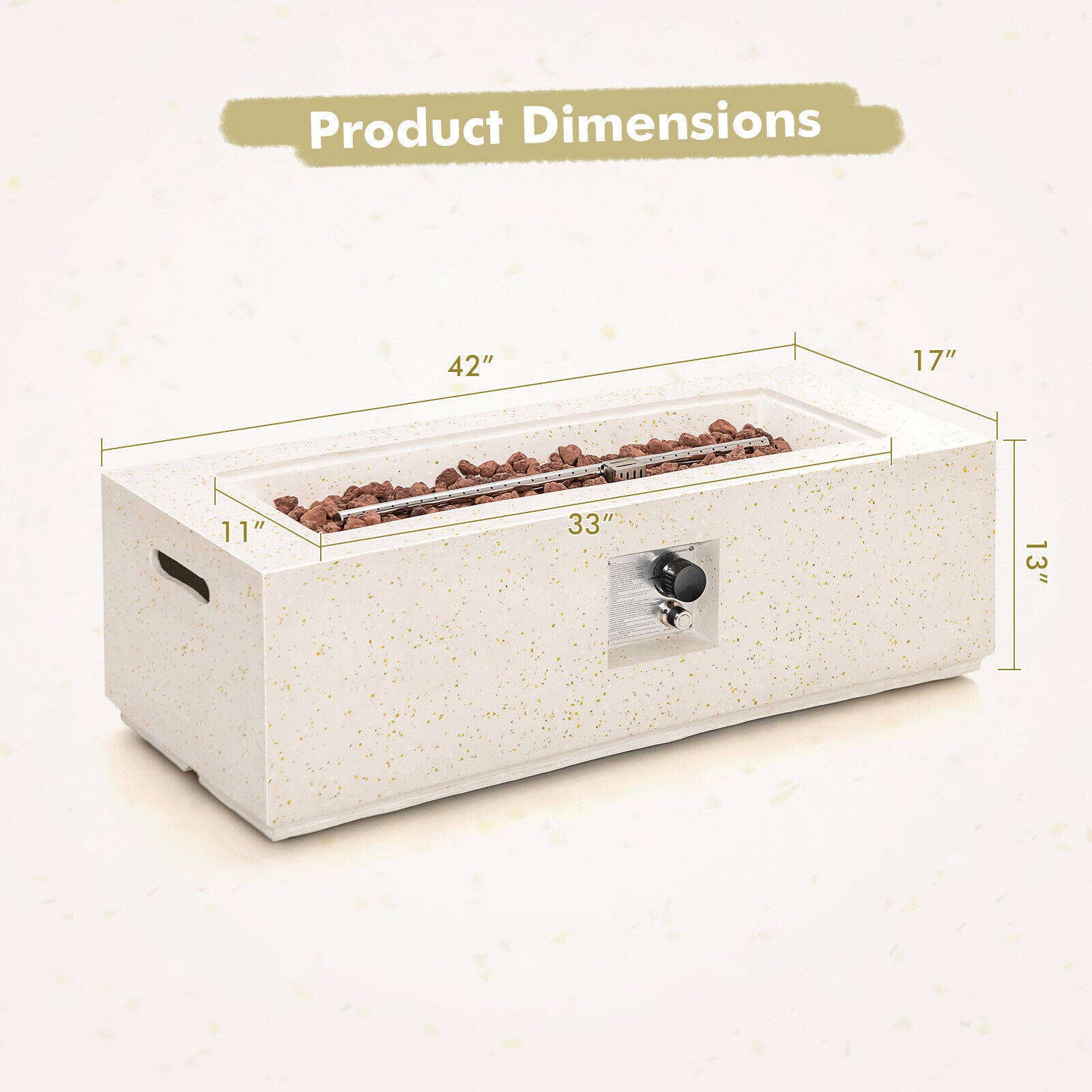 42インチ 50,000 BTU 長方形 テラゾ ファイヤーピットテーブル PVCカバー付き ホワイト