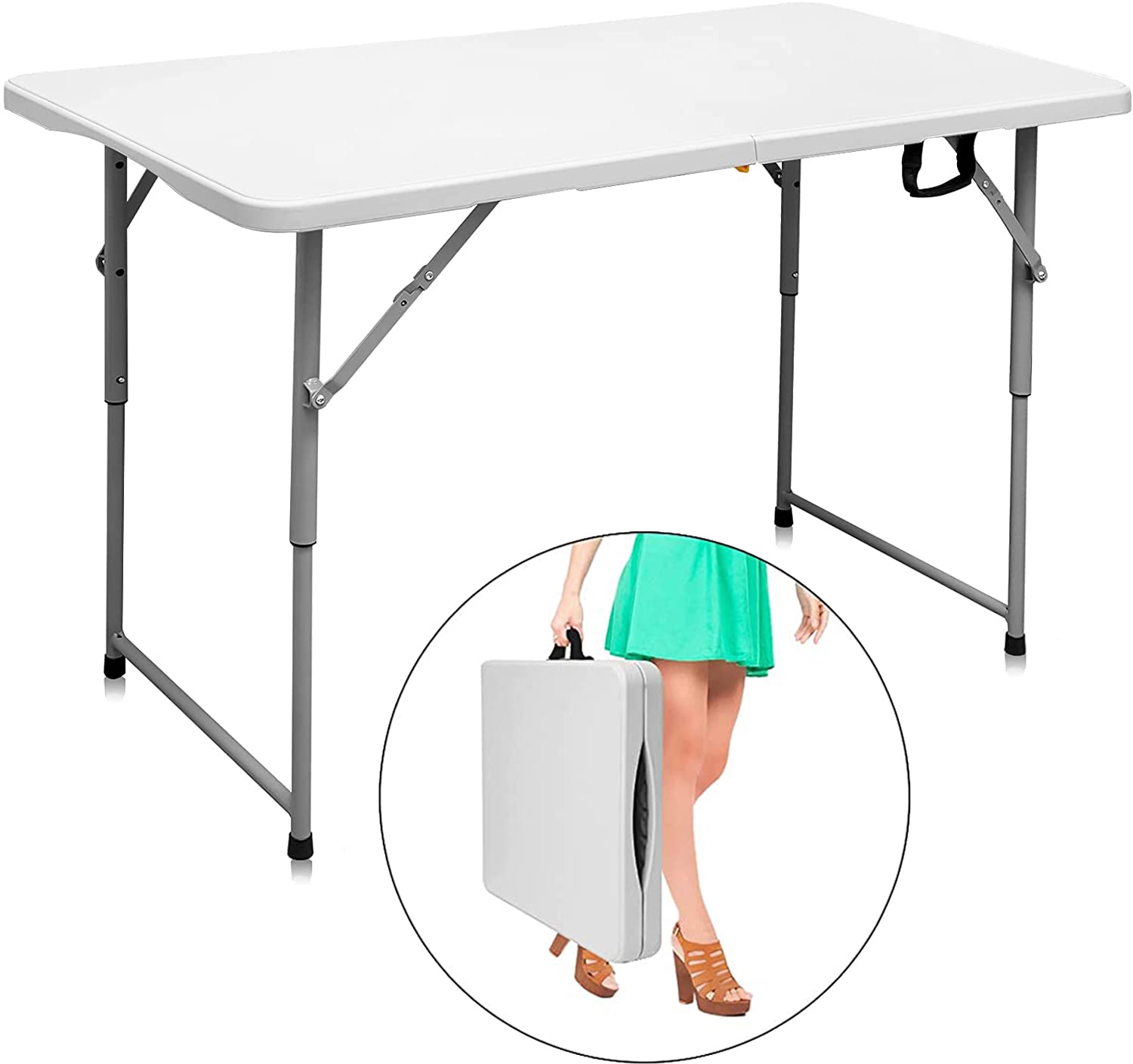 4フィート ホワイト 高さ調節可能 半分に折りたためる プラスチック 屋外用 ピクニック折りたたみテーブル