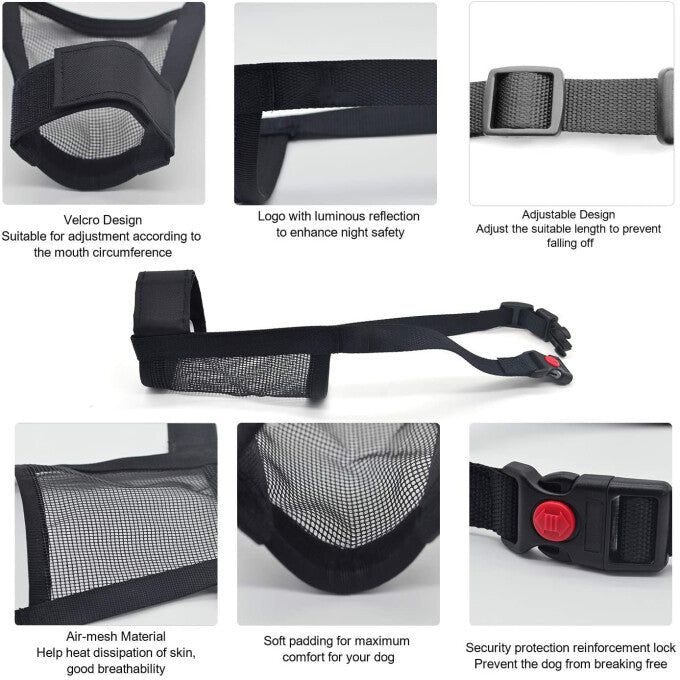 噛みつき防止犬用口輪、ナイロン製ソフト犬用口輪、安全、調節可能なループ、通気性のあるメッシュ生地、小型から大型犬まで噛みつき防止、吠え防止、舐め防止