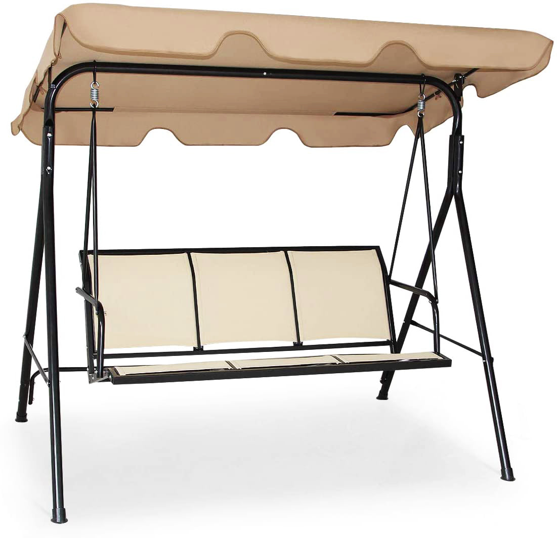 3人用ブラウンメタル屋外パティオスイングチェア、丈夫なテキスタイルシート付き