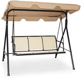 3人用ブラウンメタル屋外パティオスイングチェア、丈夫なテキスタイルシート付き