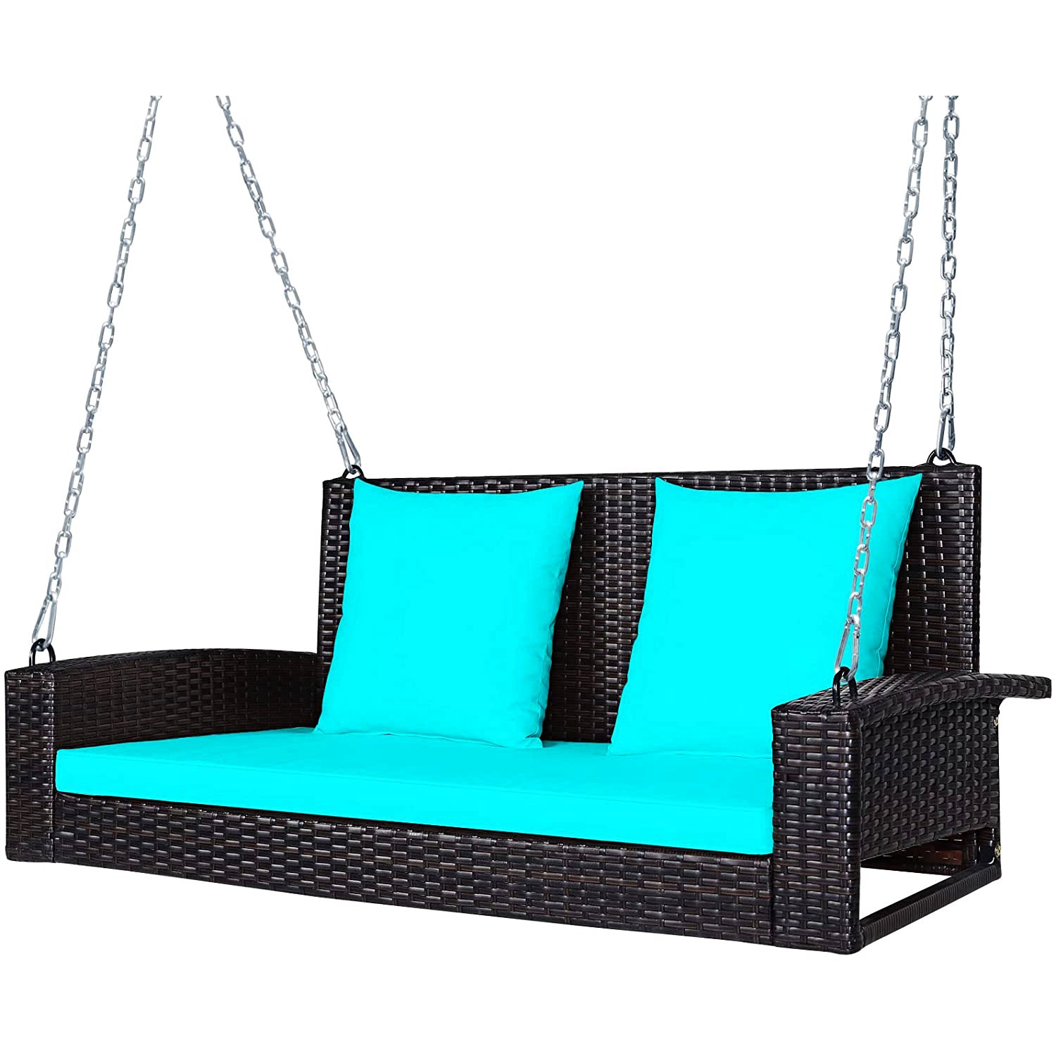 2人用ブラックスチールパティオスイング、ターコイズクッション付き