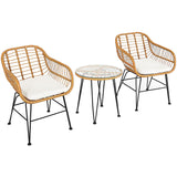 3ピース ウィッカー アウトドア パティオ 会話用座席セット ホワイトクッション付き