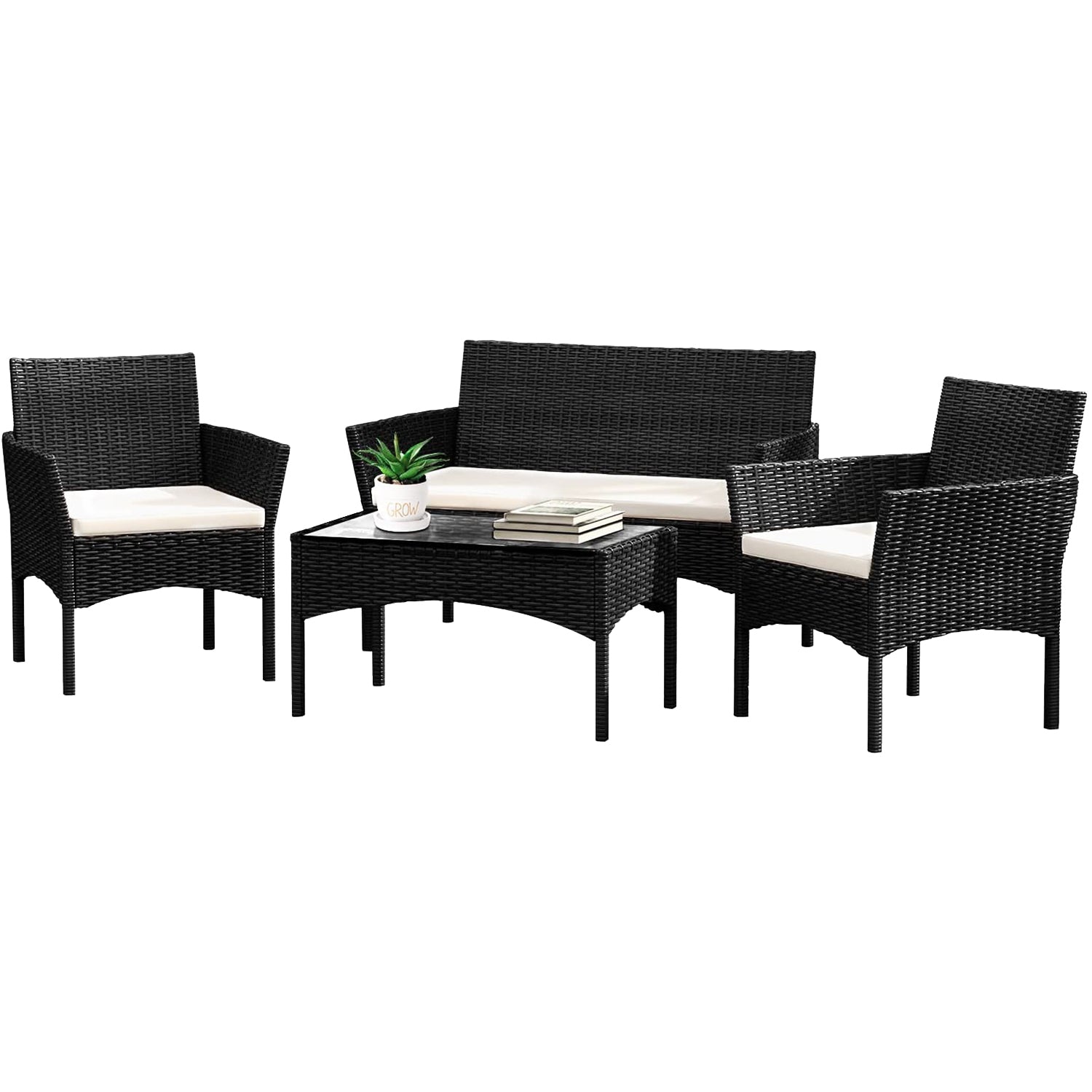 4ピースのウィッカー製屋外パティオ会話用座席セット、白いクッションとコーヒーテーブル付き