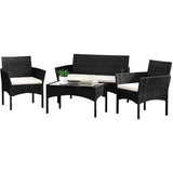 4ピースのウィッカー製屋外パティオ会話用座席セット、白いクッションとコーヒーテーブル付き