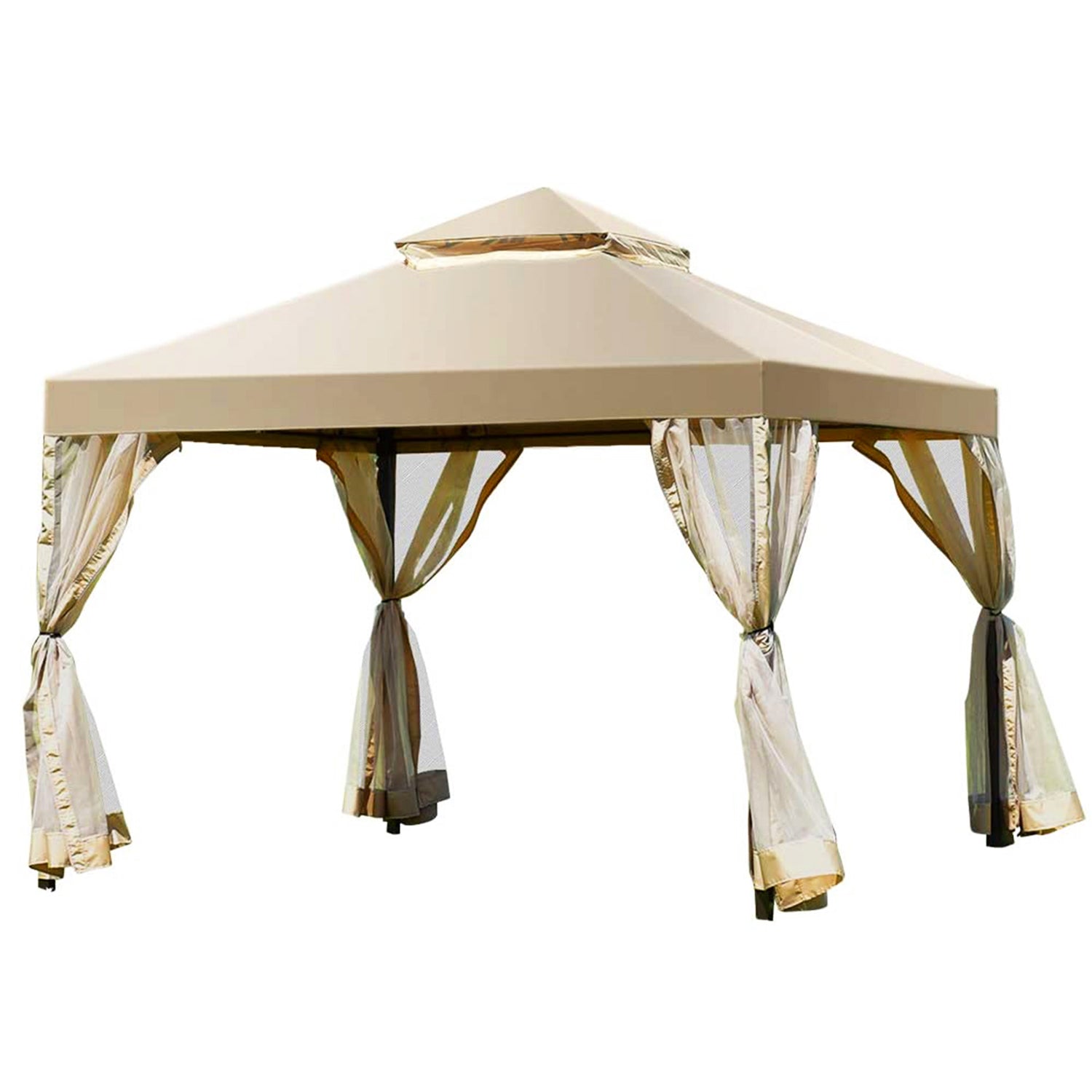 10 フィート x 10 フィート ベージュ 屋外パティオ ガゼボ キャノピー ポリエステル屋根とメッシュカーテン付き