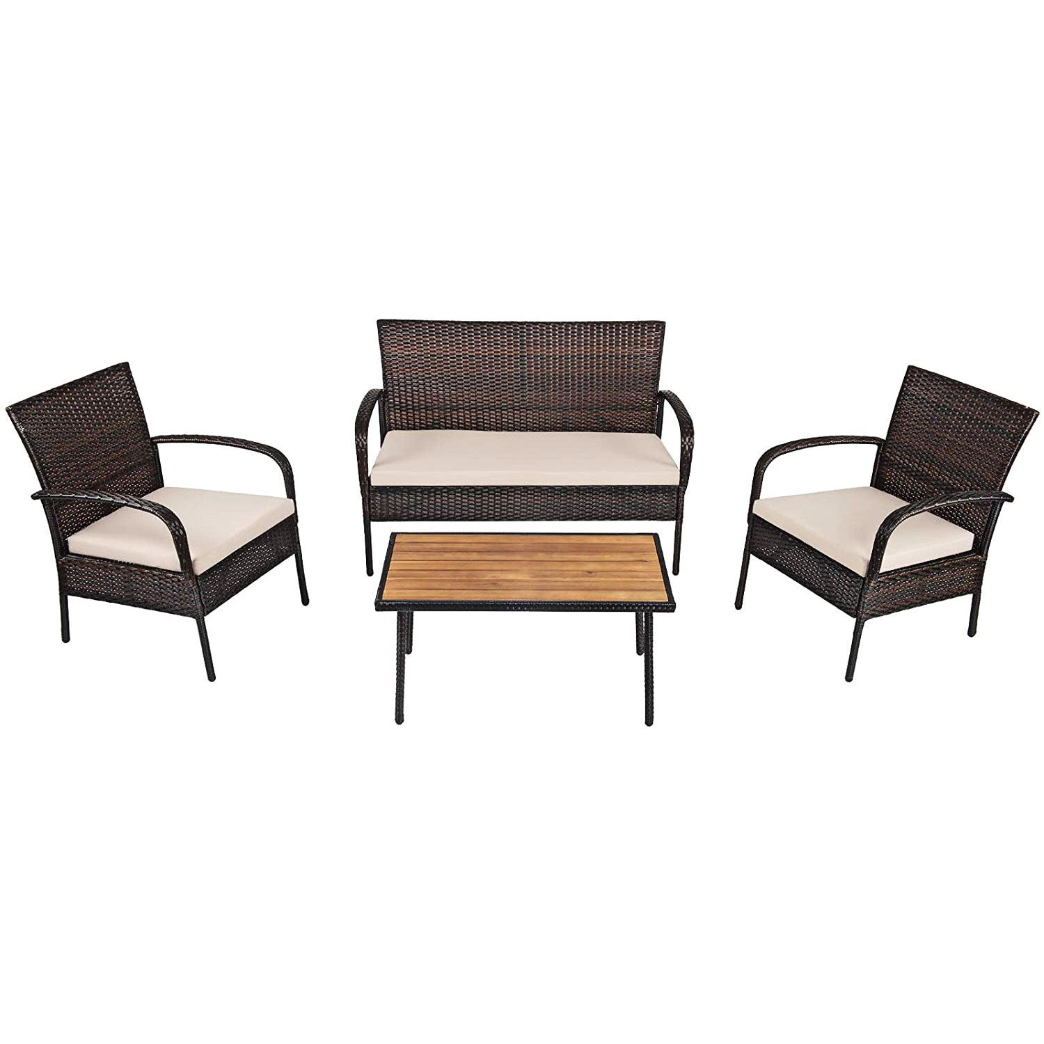 ウィッカー製屋外パティオ会話用座席セット 4点セット ベージュクッションとコーヒーテーブル付き