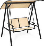 2-Person Metal Outdoor Patio Swing Chair with Weather Resistant Glider and Adjustable Canopy in Beige