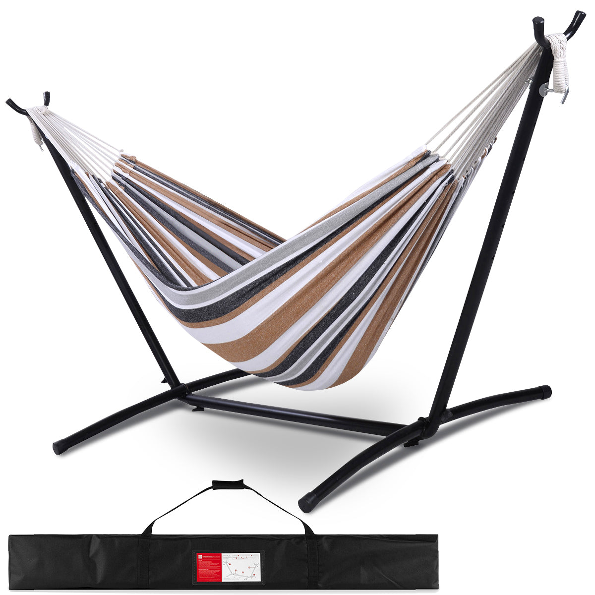 10 フィートの布製コットン ハンモック ベッド、省スペース スチール スタンド付き、ブラウン ストライプ (耐荷重 450 ポンド、キャリーバッグ付属)