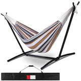 10 フィートの布製コットン ハンモック ベッド、省スペース スチール スタンド付き、ブラウン ストライプ (耐荷重 450 ポンド、キャリーバッグ付属)