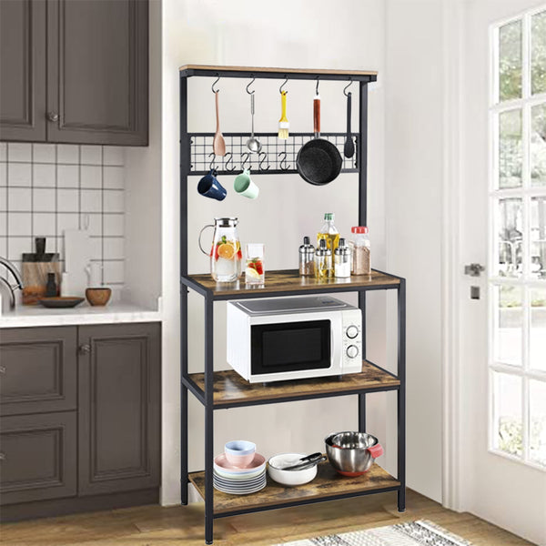 SKONYON 67" Wooden Kitchen Bakers Rack with 4 Storage Shelves & 10 Hoo