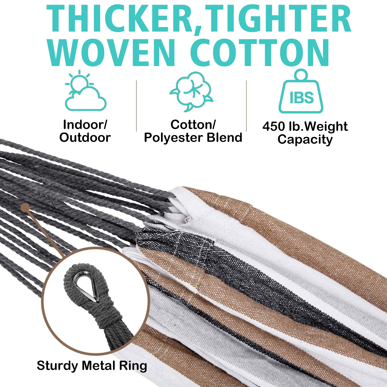 10 フィートの布製コットン ハンモック ベッド、省スペース スチール スタンド付き、ブラウン ストライプ (耐荷重 450 ポンド、キャリーバッグ付属)