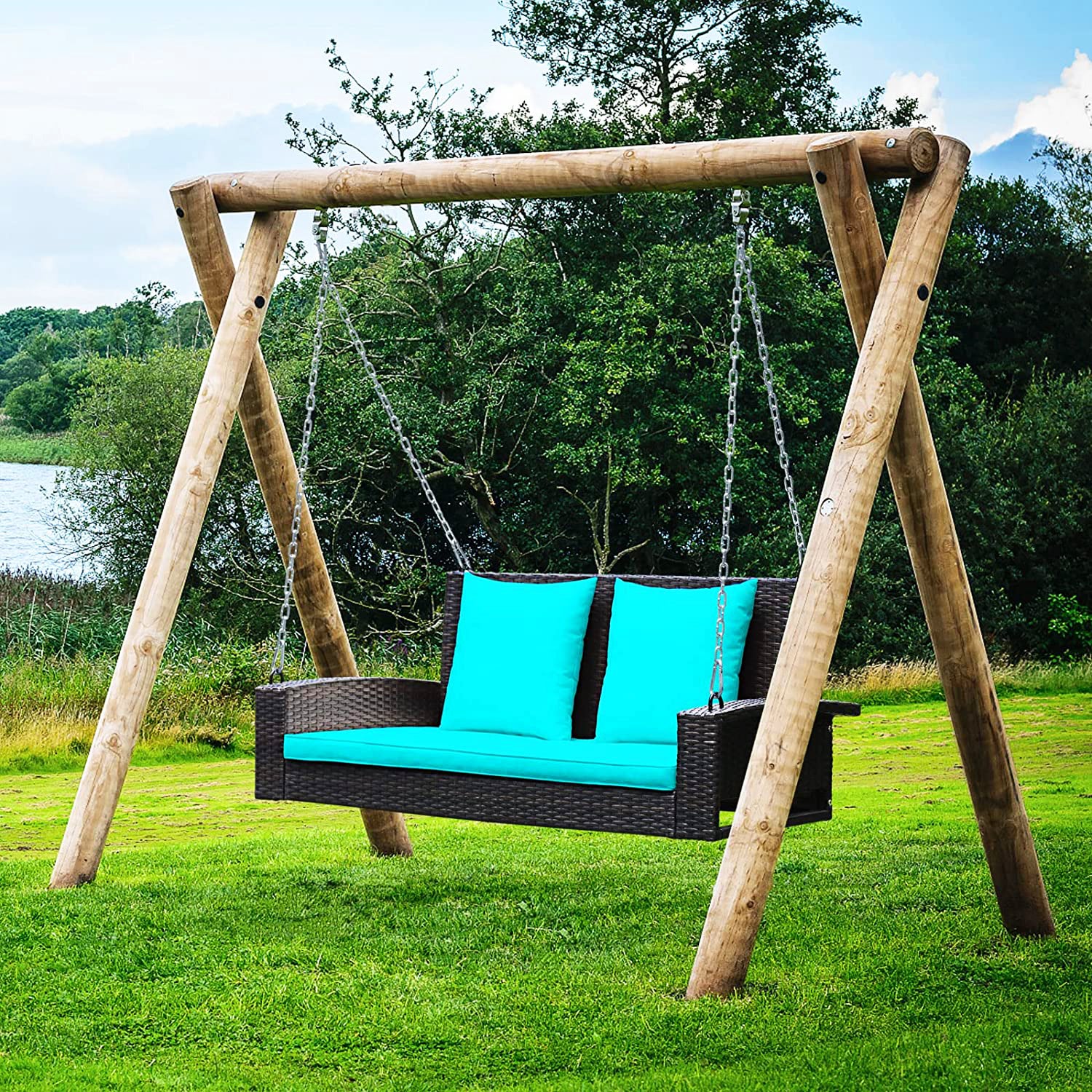 2人用ブラックスチールパティオスイング、ターコイズクッション付き