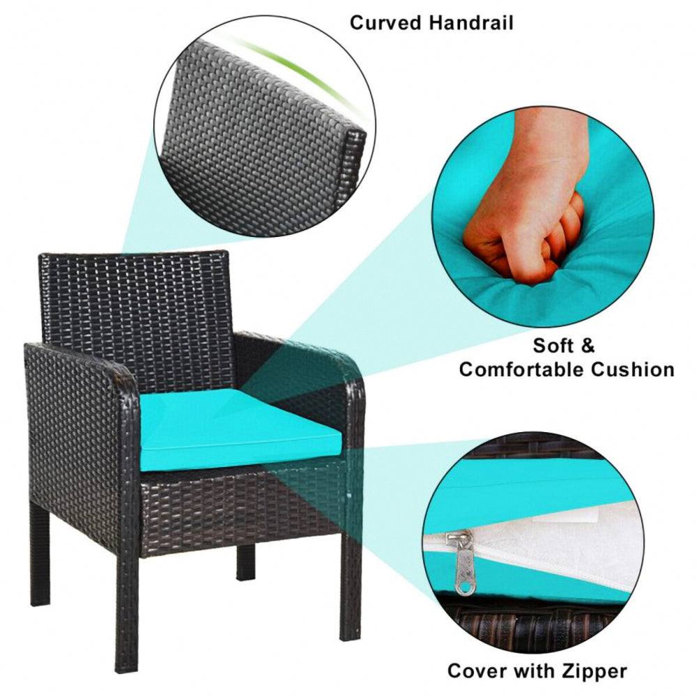 4ピース ウィッカー アウトドア パティオ 会話用座席セット ブルー クッションとコーヒーテーブル付き