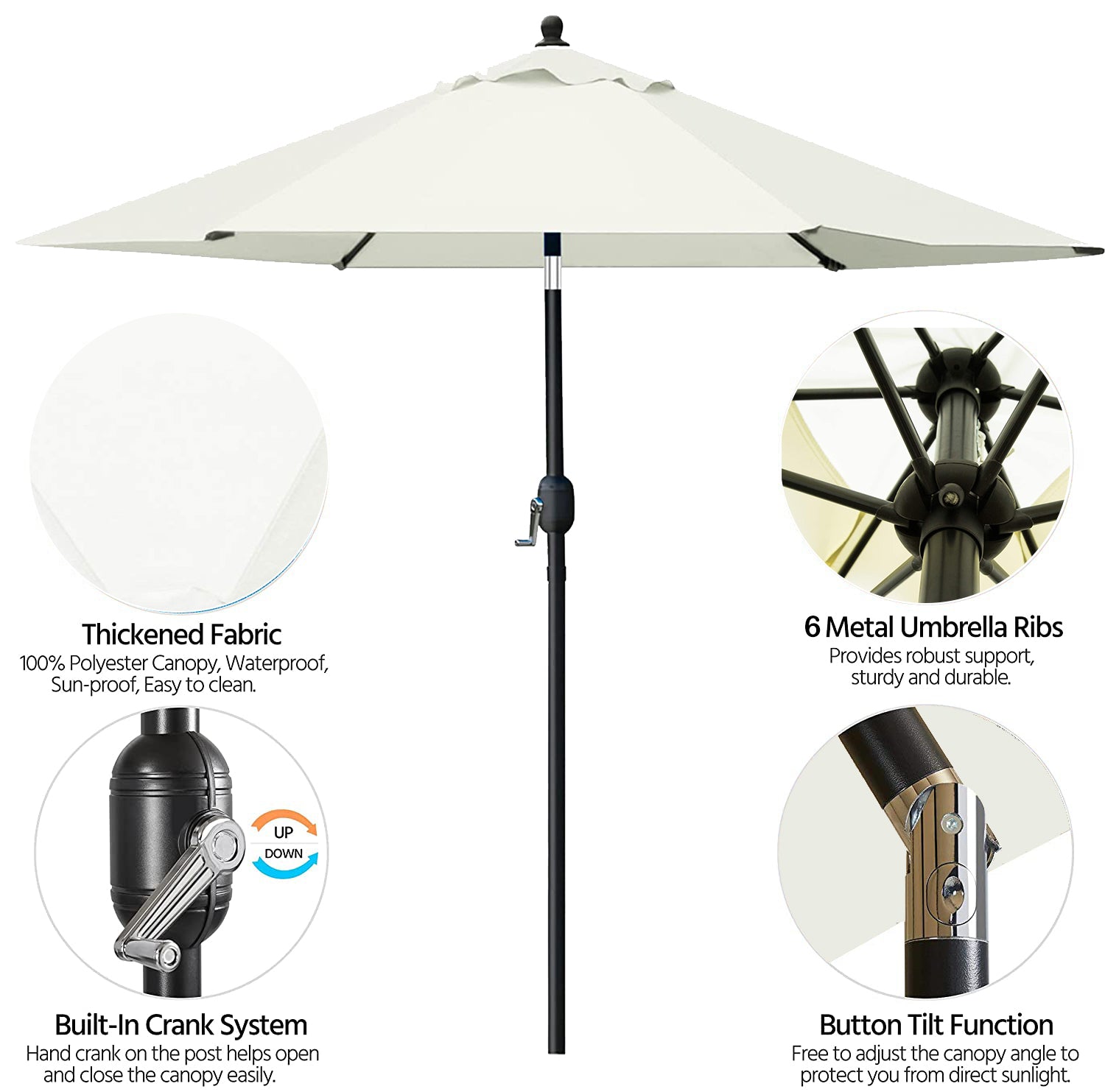 7.5 フィート マーケット アウトドア パティオ アンブレラ プッシュ ボタン チルト & クランク付き ベージュ