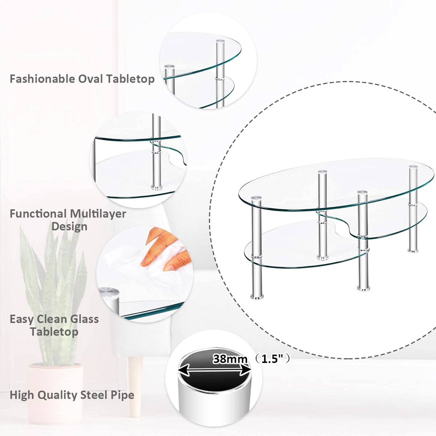 35インチ シルバー ミディアム オーバル ガラス コーヒー テーブル 棚付き