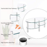 35インチ シルバー ミディアム オーバル ガラス コーヒー テーブル 棚付き