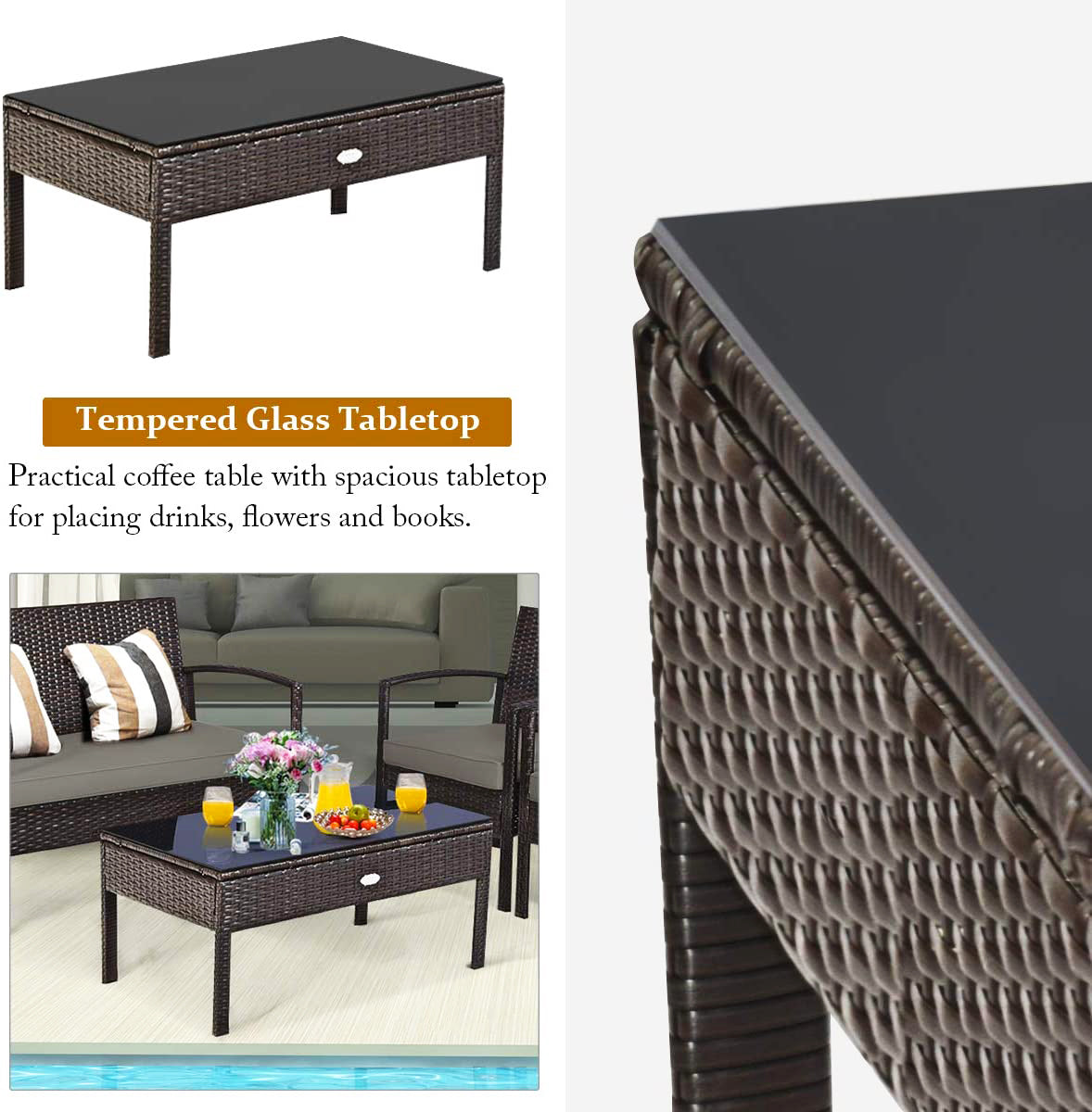 4ピース ウィッカー アウトドア パティオ コンビネーション セット タン クッションとコーヒーテーブル付き