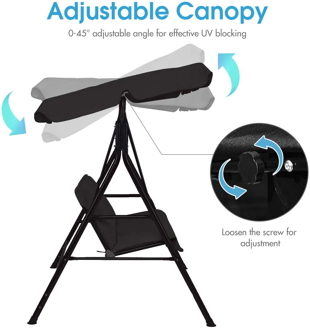 2人用スチール製屋外パティオスイング(キャノピー付き)