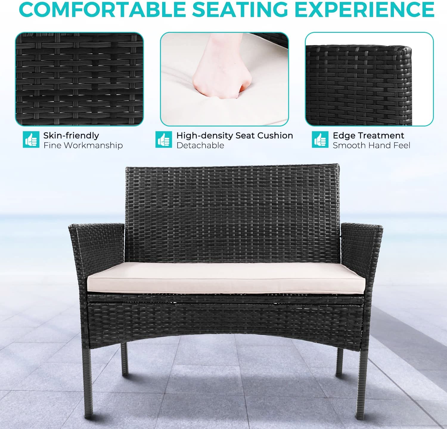 4ピースのウィッカー製屋外パティオ会話用座席セット、白いクッションとコーヒーテーブル付き