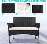 4ピースのウィッカー製屋外パティオ会話用座席セット、白いクッションとコーヒーテーブル付き