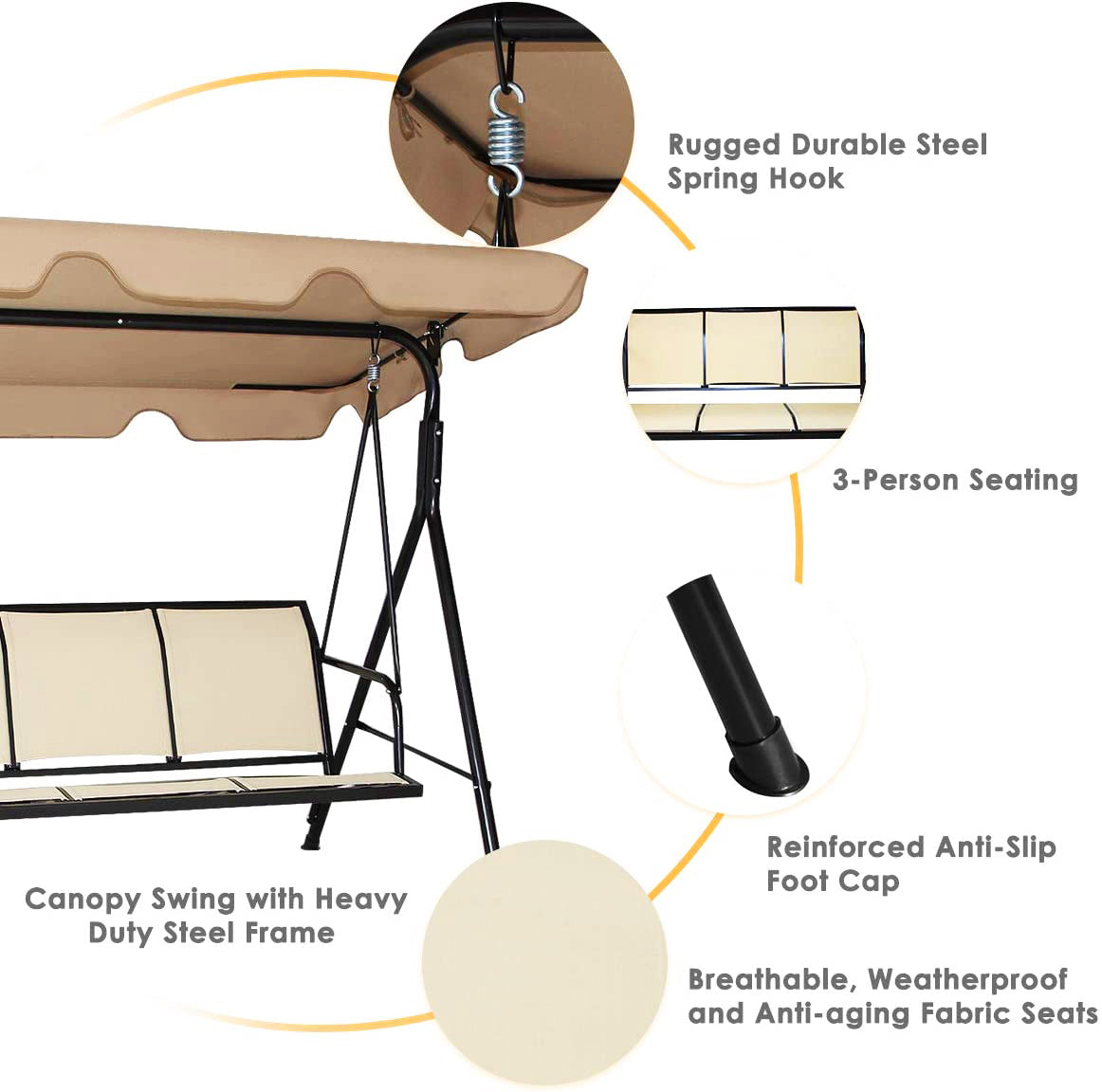 3人用ブラウンメタル屋外パティオスイングチェア、丈夫なテキスタイルシート付き