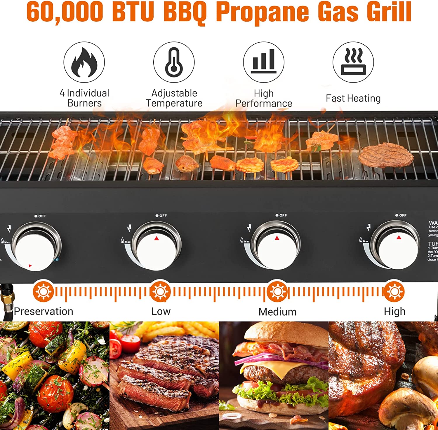 4バーナープロパンガスグリル(グリドルトップ付き、黒)