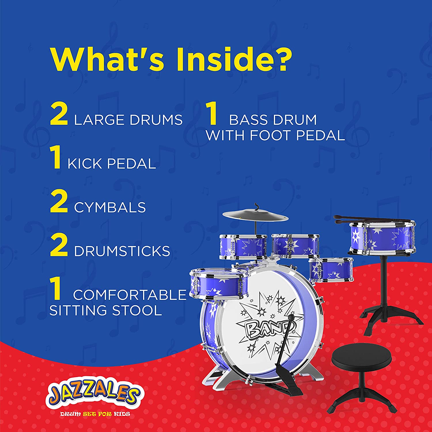 ドラムセット、SKONYON 11ピース 男の子と女の子の子供用ドラムセット 楽器玩具セット 子供用スタータードラムセット バスドラム、タムドラム、スネア、シンバル、スツール、ドラムスティック付き - ブルー