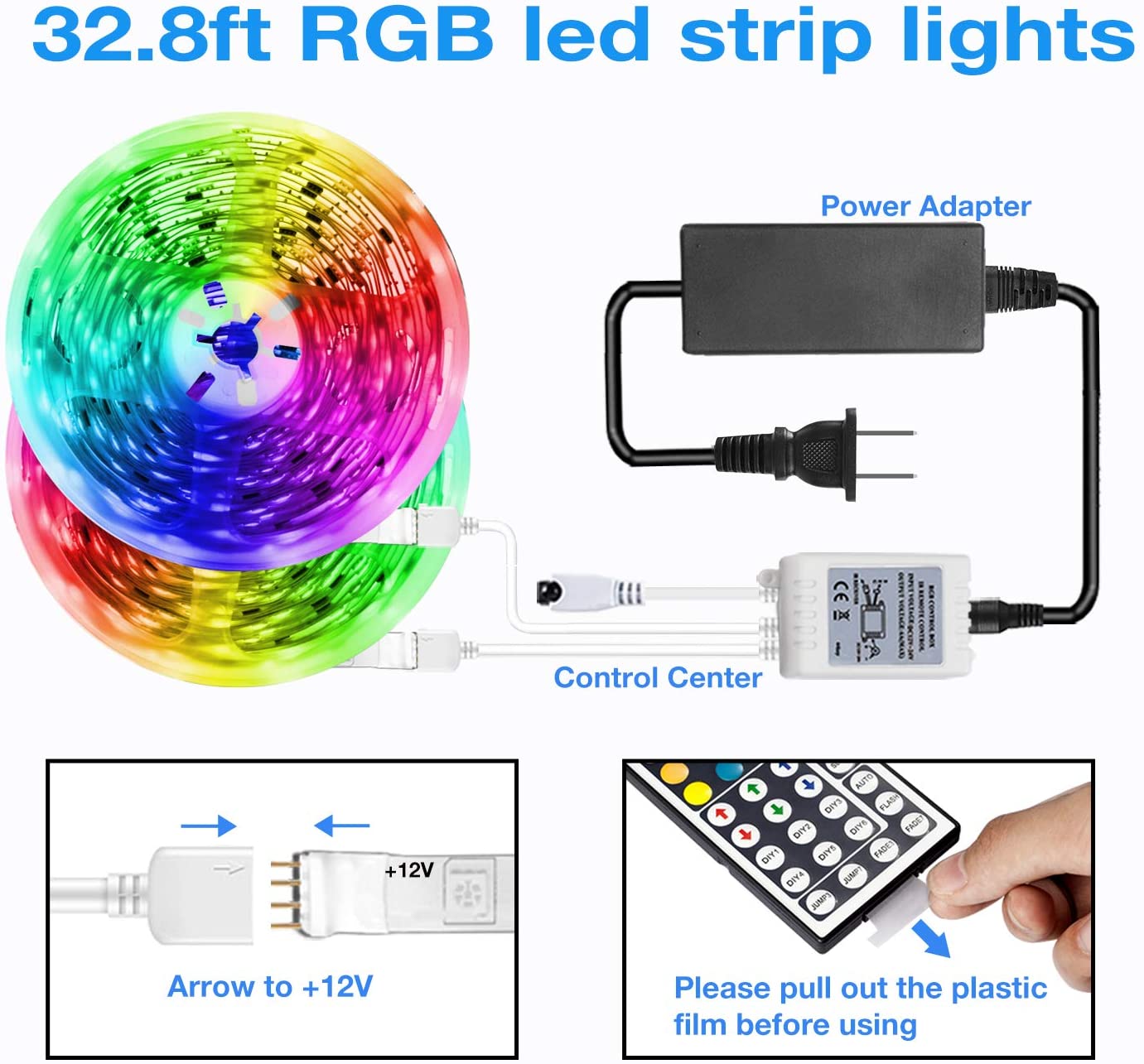 SKONYON LED ライトストリップ 32.8 フィート 10 m RGB LED ライトストリップ 色が変わる 3528 600 LED 44 キー IR リモコン付き 自宅 寝室 キッチン DIY 装飾用