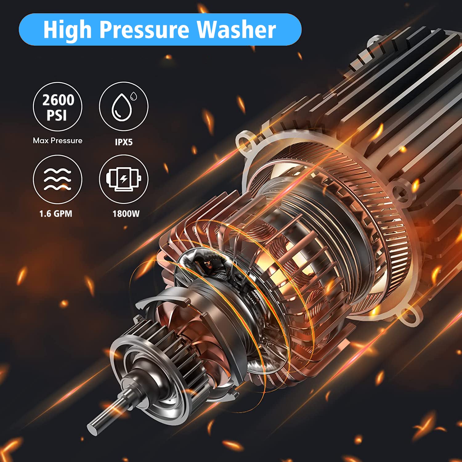 2600 PSI 1.6 GPM 14.5 アンペア冷水電動高圧洗浄機