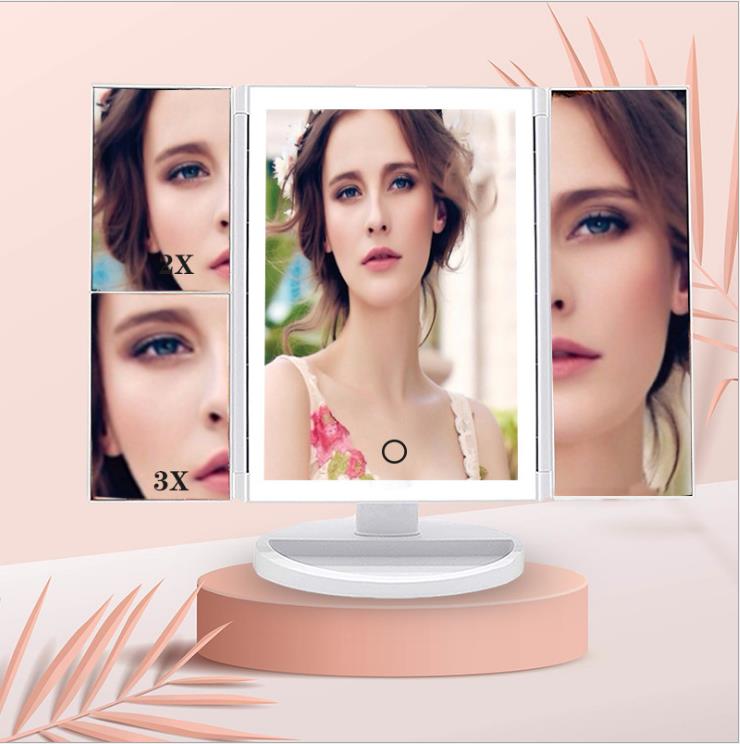 化粧鏡 バニティミラー ライト付き 1倍 2倍 3倍拡大 タッチスクリーンスイッチ デュアル電源 ポータブル三つ折りミラー 化粧用ライト付きミラー