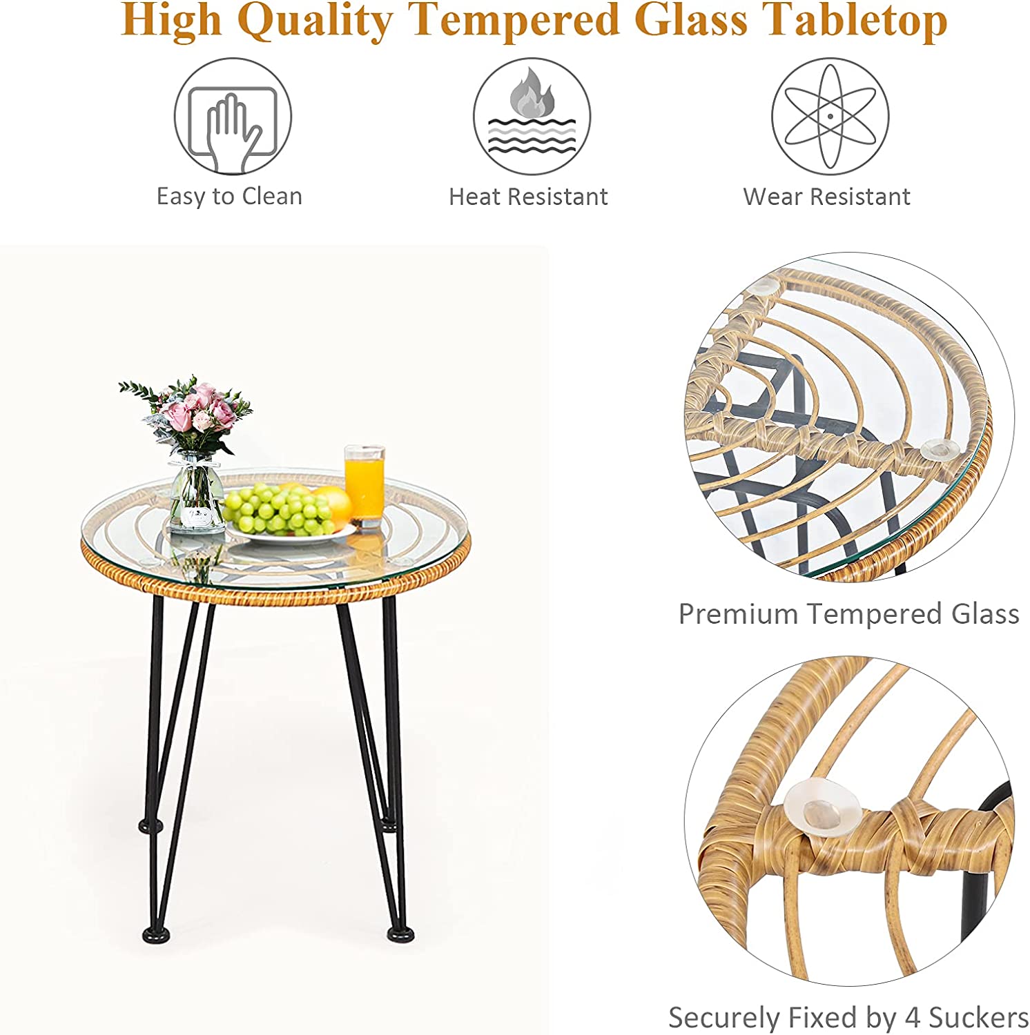 3ピース ウィッカー アウトドア パティオ 会話用座席セット ホワイトクッション付き