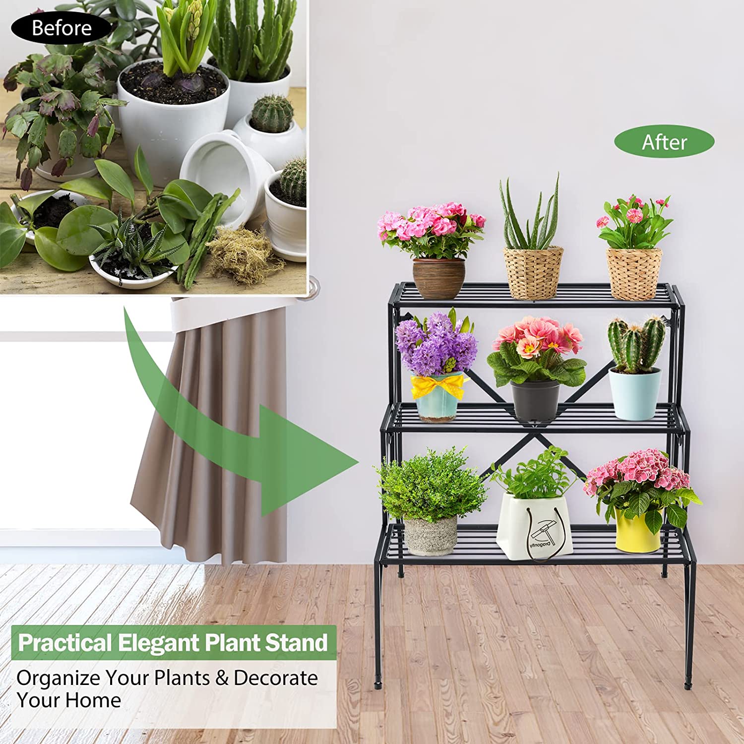 高さ27インチの屋外用ブラックメタルプラントスタンド(3段)