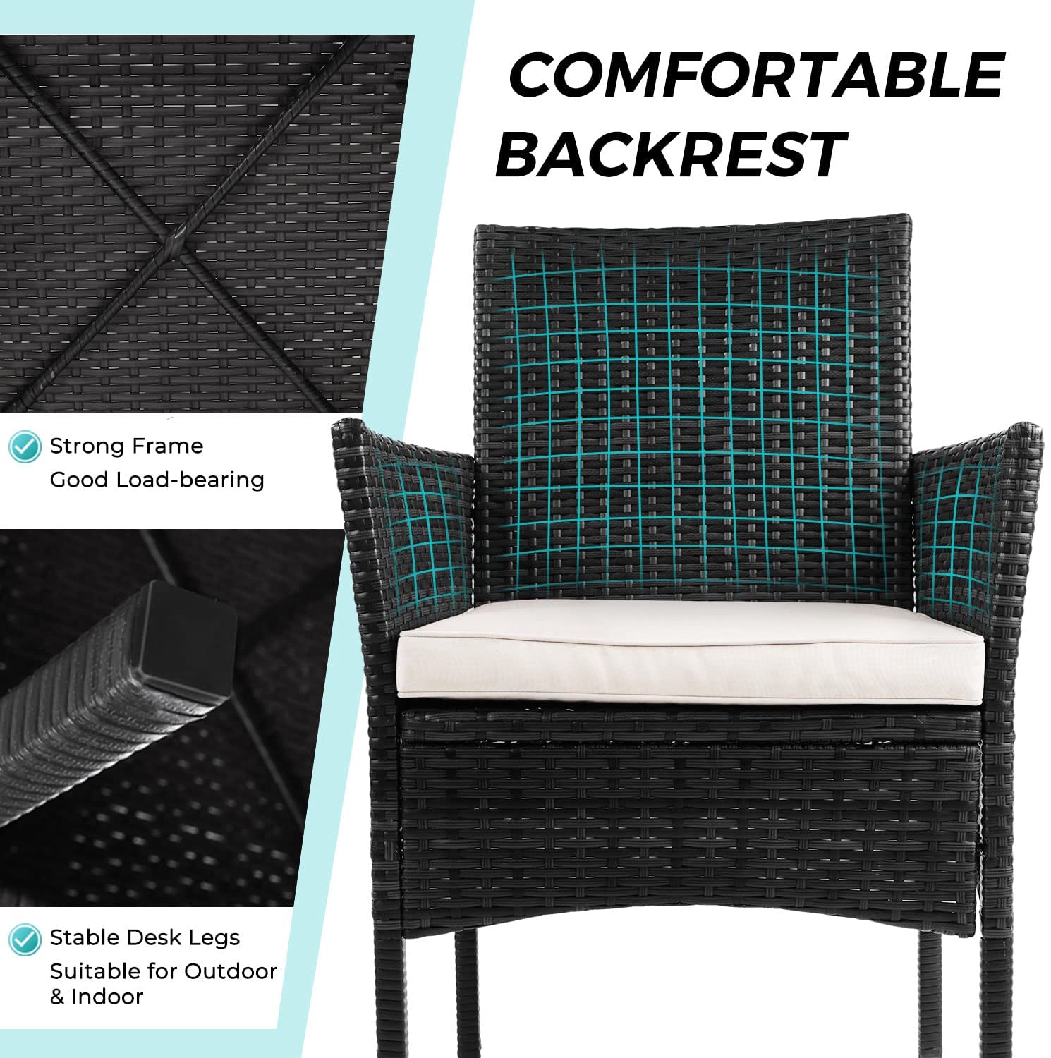 4ピースのウィッカー製屋外パティオ会話用座席セット、白いクッションとコーヒーテーブル付き