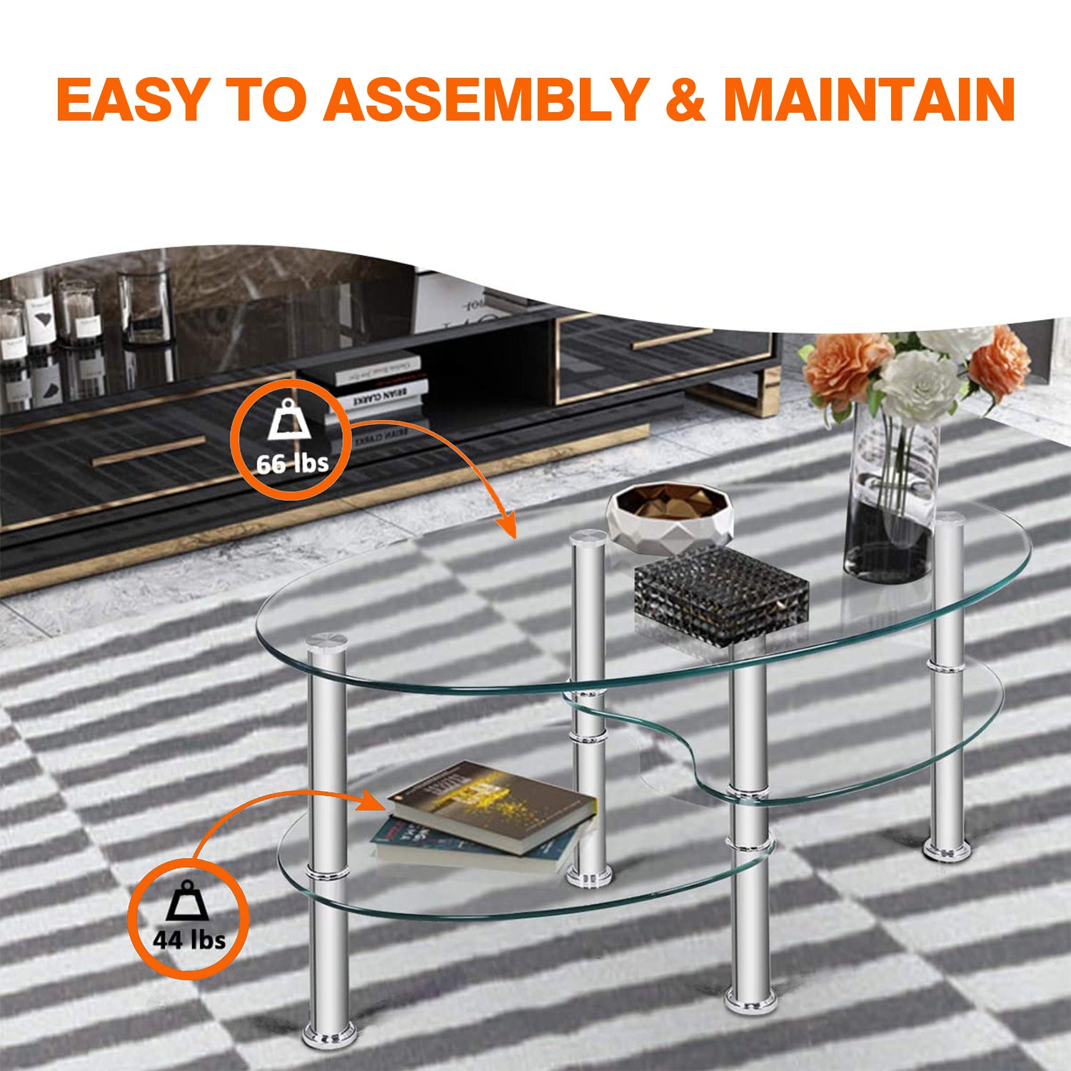 35インチ シルバー ミディアム オーバル ガラス コーヒー テーブル 棚付き