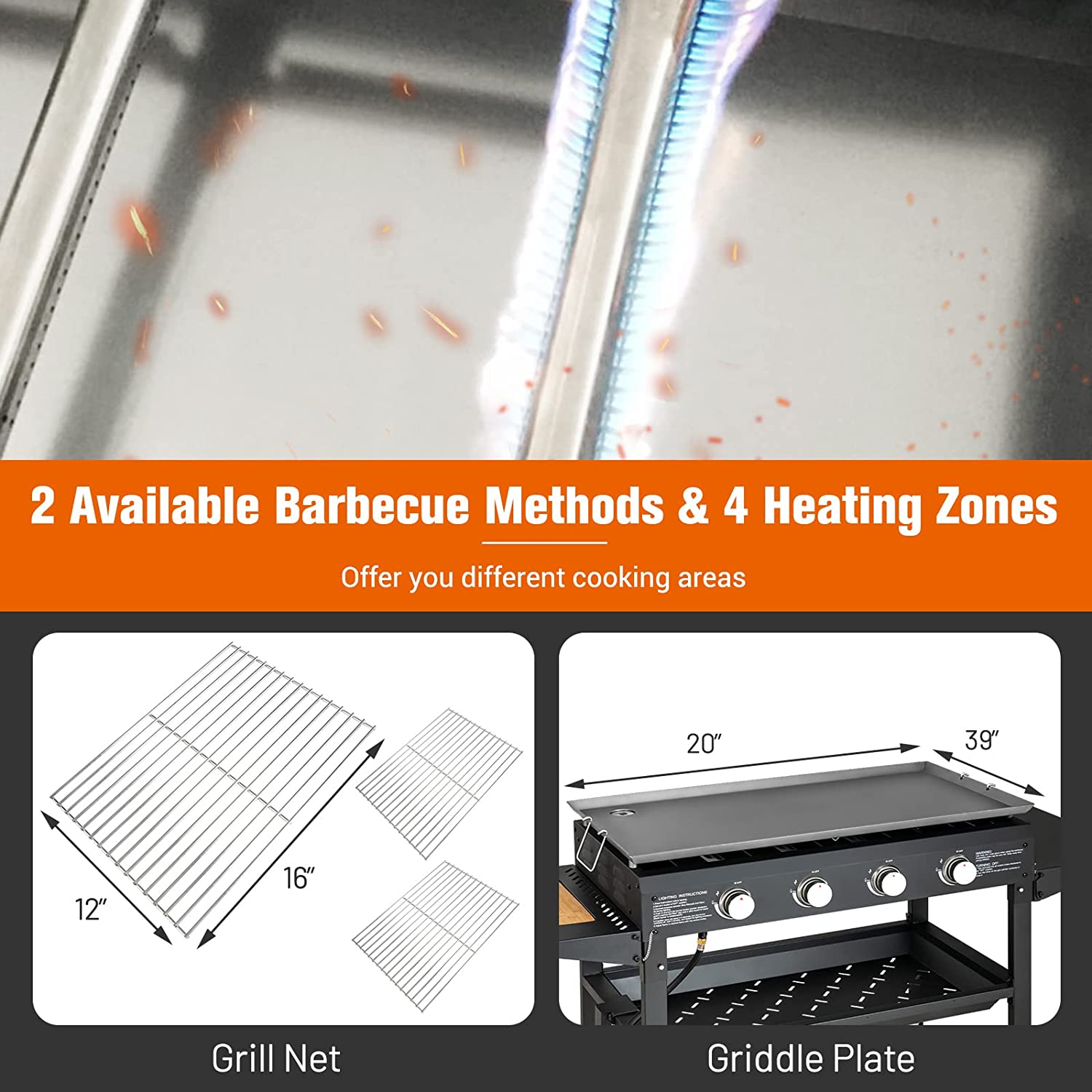 4バーナープロパンガスグリル(グリドルトップ付き、黒)