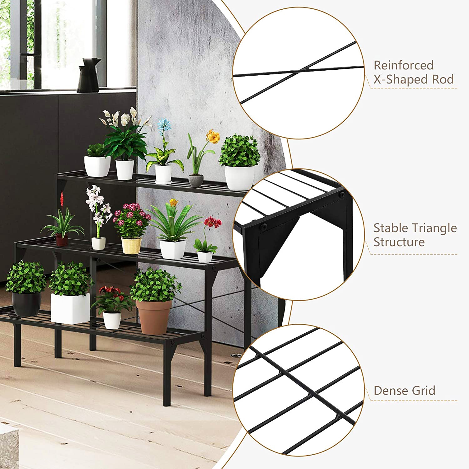 高さ26インチ 屋内/屋外用 ブラックメタルプラントスタンド(3段)