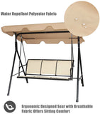 3人用ブラウンメタル屋外パティオスイングチェア、丈夫なテキスタイルシート付き